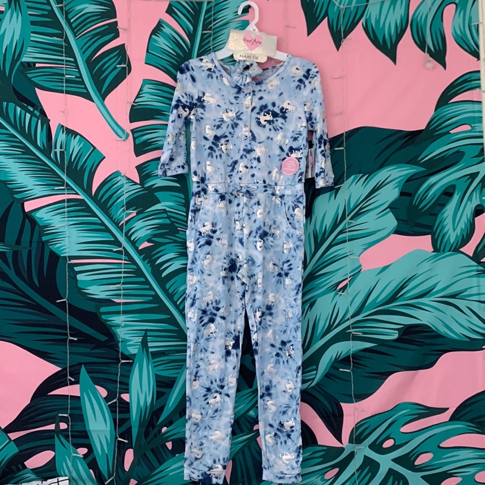 Blue unicorn onesie with free matching hair tie
